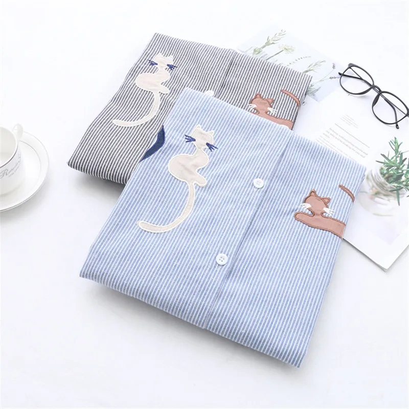

OLGITUM 2018 Autumn Women Blouse Causal Cats Appliques Long Sleeve Female Blouse Shirt Strip Tops Plus 4XL