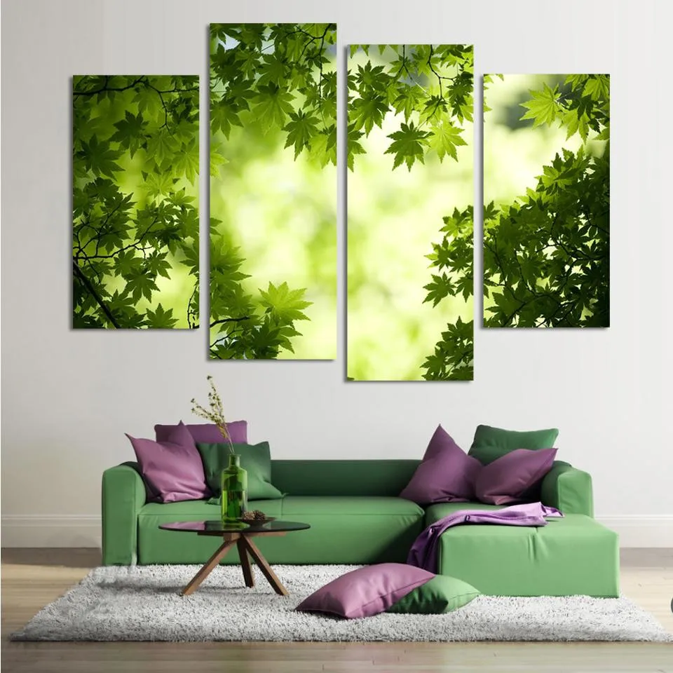

Green Leaf Wall 4 Pieces No Frame Canvas Paintings Modern Modular Paint Decoration For Living Room