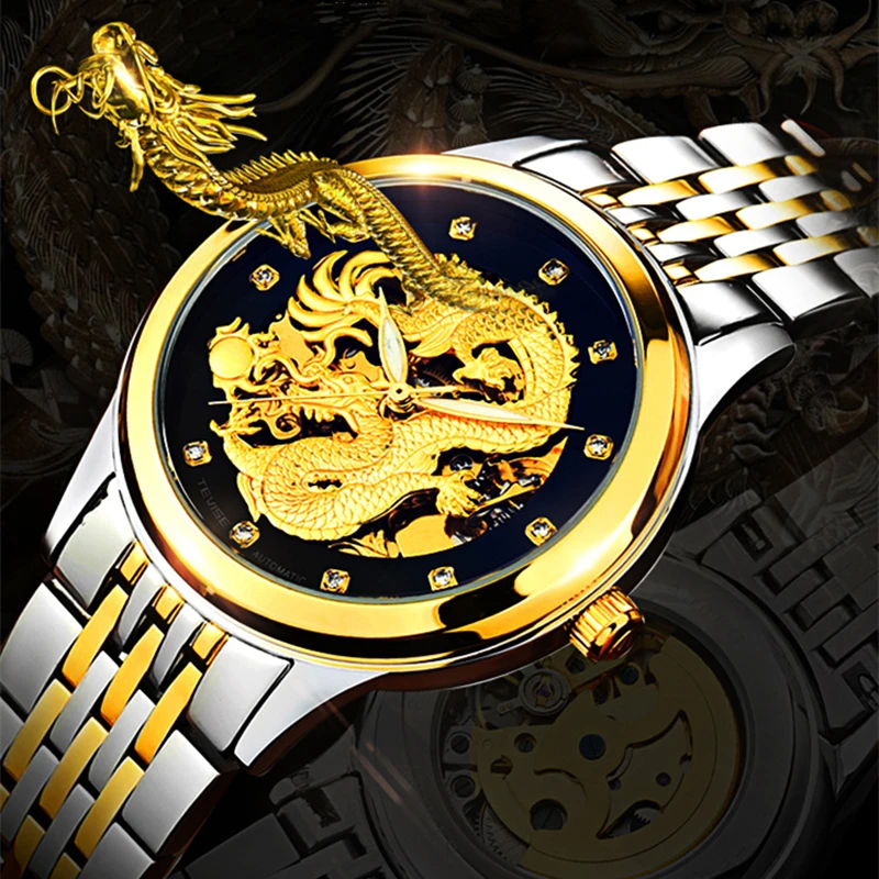 TEVISE Мужские часы с драконом автоматические механические tourbillon модные мужские