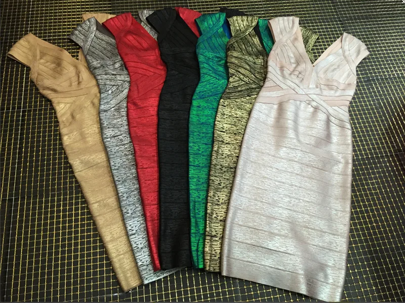 

7 Colors Top Quality HL Sleeveless V-neck Gold Foiling Knee Length Thick Bandage Dress Evening Party Dress