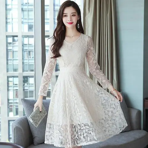 Autumn Summer Dress White Women Vintage Lace Dresses Elegant Ropa Mujer 3XL Ladies Party A-line Hollow Out OL Vestido DJ5 | Женская