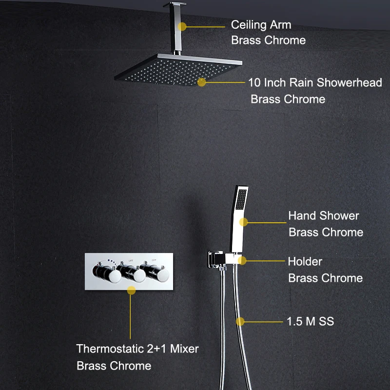 

Термостатический набор для душа, Потолочная насадка для душа, 10-дюймовая Массажная Душевая система для ванны, латунь, хром + ручной душ
