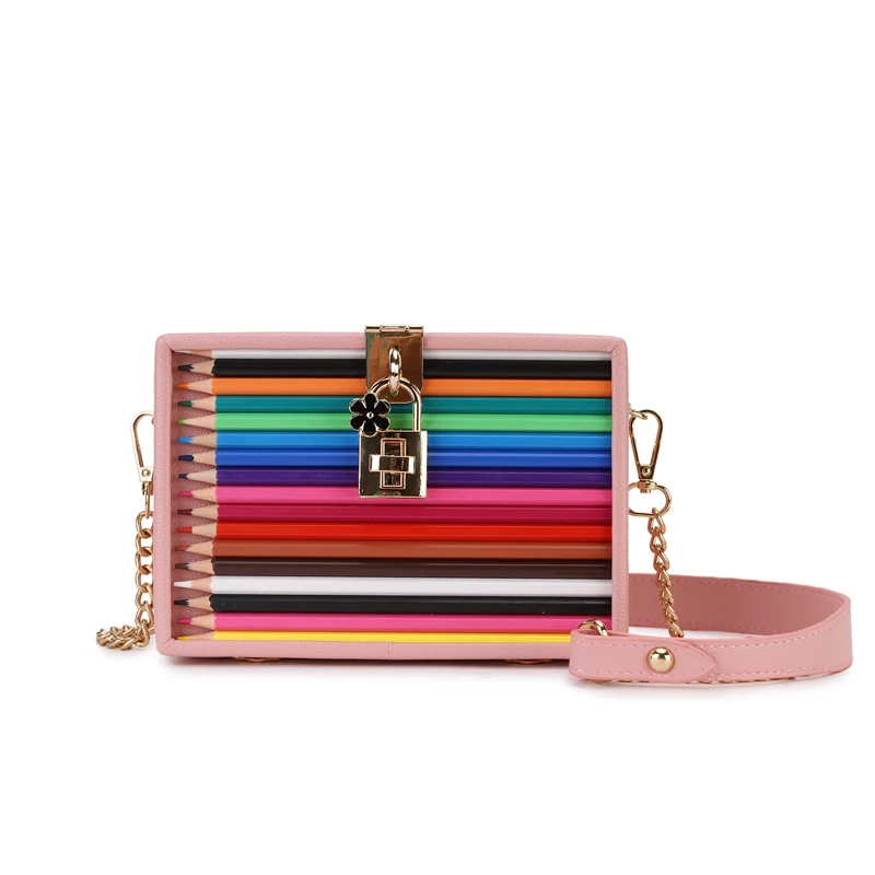 

Trend Color Pencil Flower Buckle Box Style Female Pu Crossbody Bag Chain Purse Shoulder Bag Tote Party Clutch Bag Women Handbag