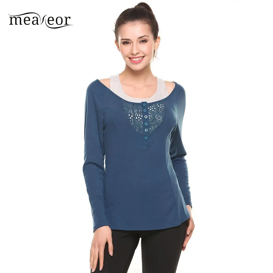Meaneor Casual Women T-Shirts Top New Female Clothes O-Neck Long Sleeve Lace Shirts Hollow Out Patchwork T-Shirt with Solid Tank | Женская