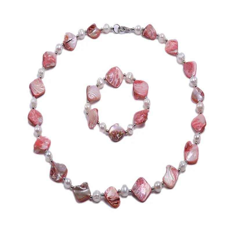 

JYX White Freshwater Pearl & Pink Seashell Pieces Necklace and Bracelet Set
