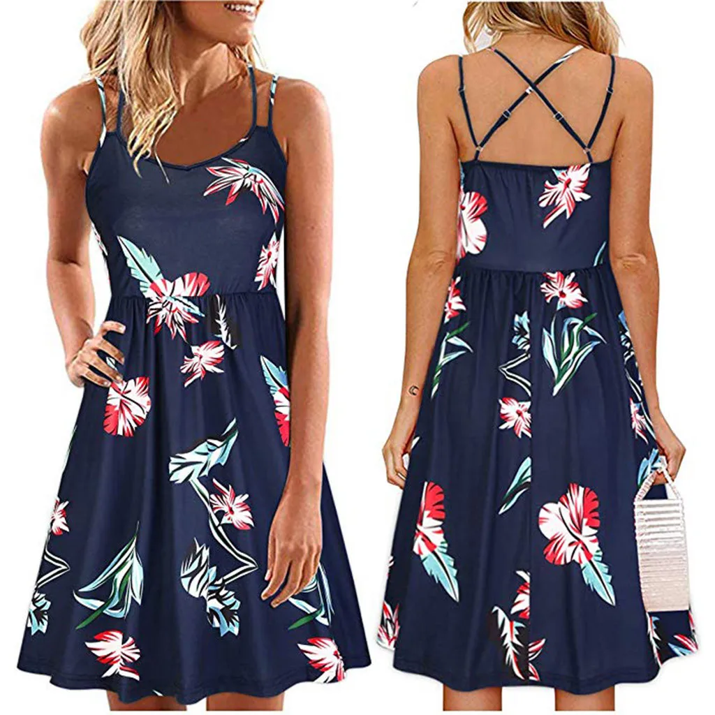 

Floral Print Short A-Line Dress Women 2019 Summer Strap O Neck Backless Sexy Dress Holiday Floral Polyester Dress Vestidos 5.9