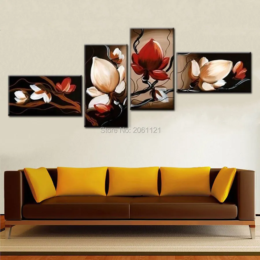 

best sale dark Red flower Art Canvas Painting Oil Cheap Wall Art Decor Room Pictures Modern Abstract 4 Piece Sets
