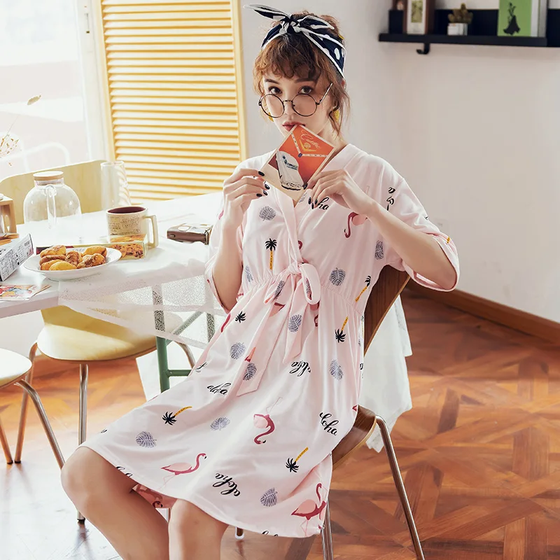Летняя ночная рубашка кимоно из 100% хлопка женская в виде животного модная