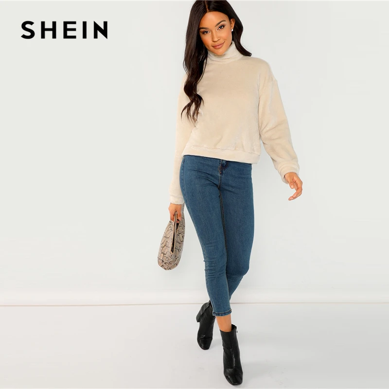 SHEIN Однотонный Свитшот С Высоким Воротником, Свитшот Из Эко Меха Повседневные Женские Толстовки