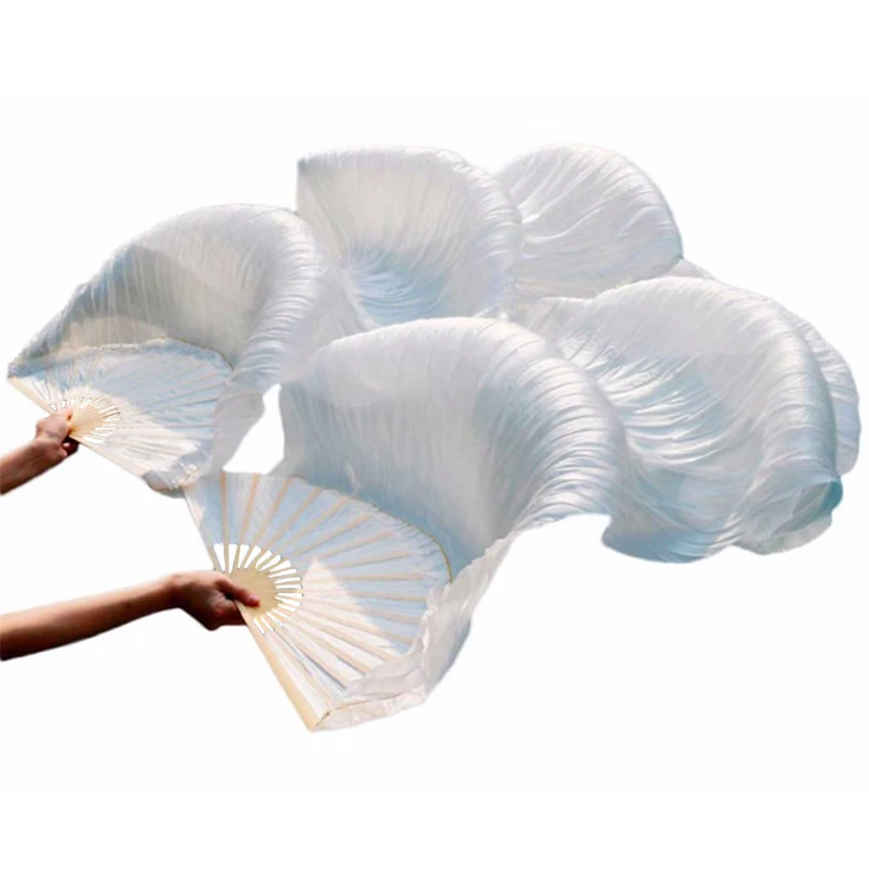 

Hot Selling 100% Silk Unisex High Quality Chinese Silk Veil Dance Fans 1Pair Belly Dance Fans Hot Sale Pure White Color 180*90cm