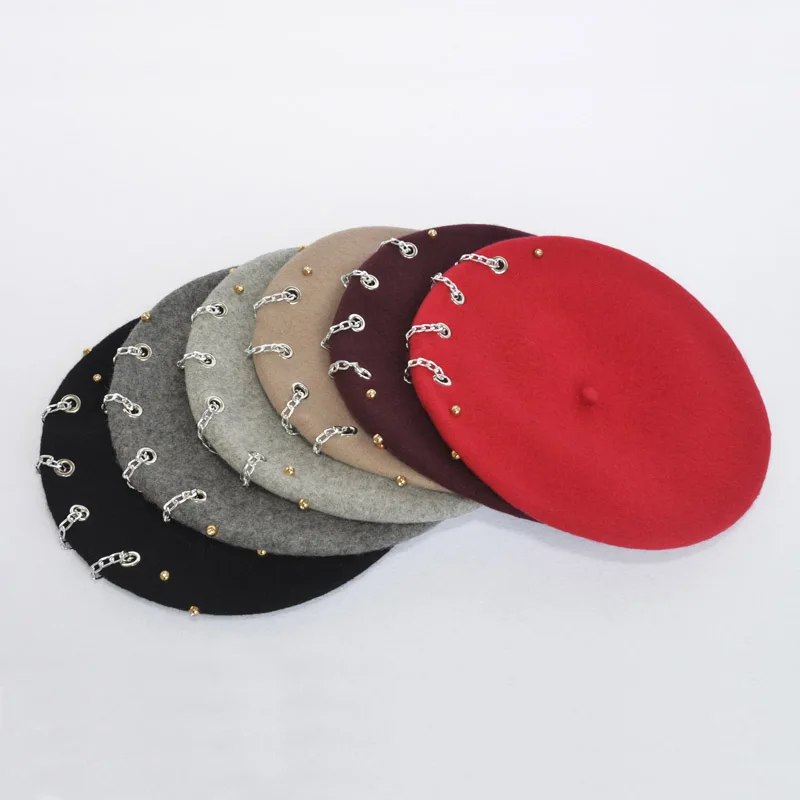 Женский винтажный беретик с цепочкой 100% шерсть теплые береты в стиле панк на зиму