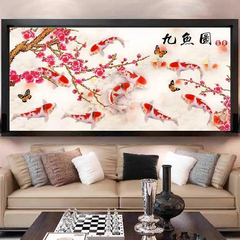 QIANZEHUI сделай сам 5D девять рыбы plum Набор для рисования с круглыми камнями и
