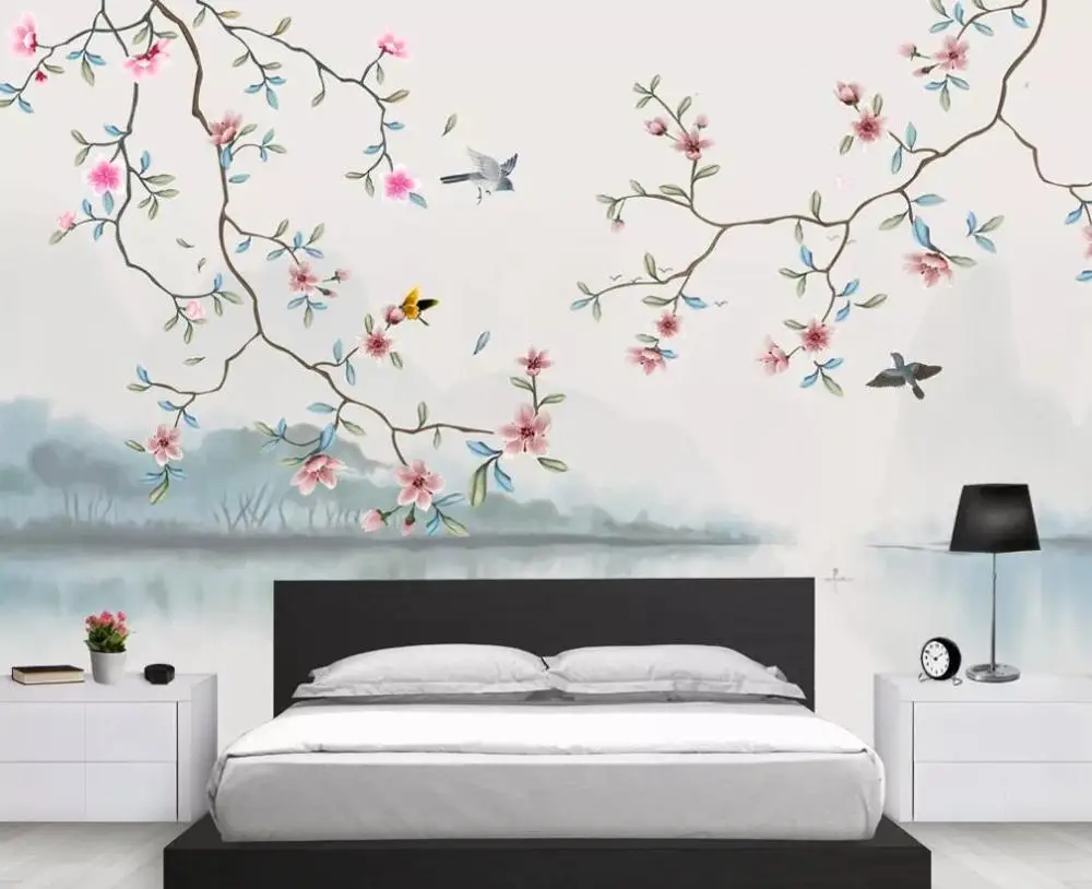 

Customized 3D wallpaper mural landscape hand-painted flowers and birds living room bedroom background wall decorative painting