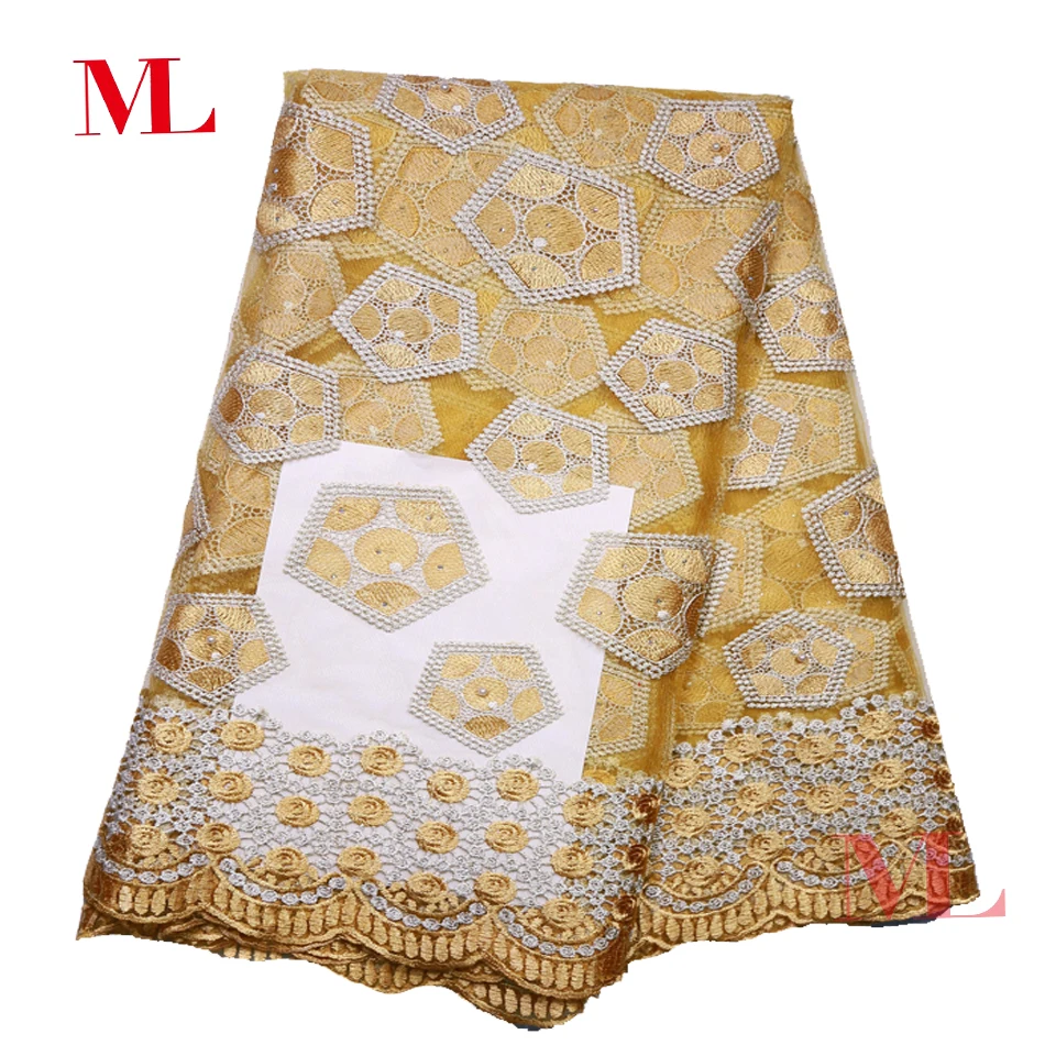 ML Мода полиэстер ткань чистая кружева с камнями жемчуг свадебные вышитые тюль