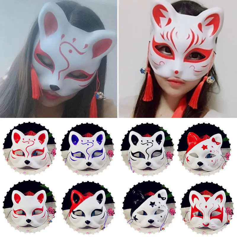 Маска из лисы на половину лица японское аниме ручная роспись Kitsune Хэллоуин