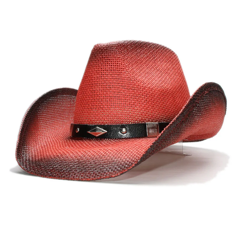 Женская и мужская винтажная шляпа с широкими полями и вырезами из соломы для пляжа, ковбойская шляпа ковбоя Западного стиля с кожаным ремешком и сплавной бусинкой (57см)