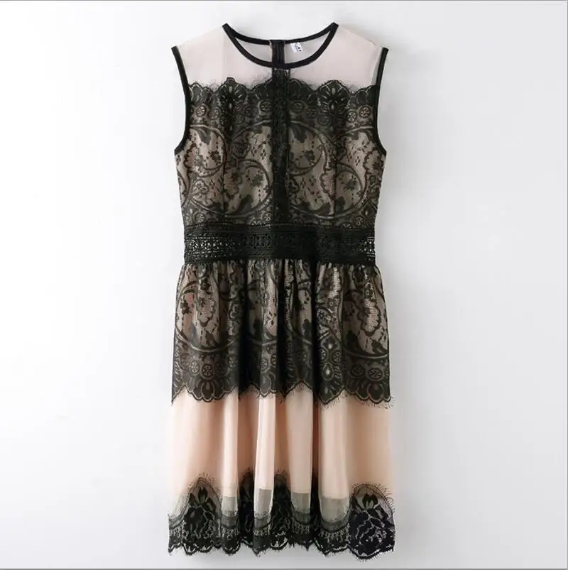 sleeveless dress S-XL, весенне-осеннее платье, женское платье с длинным рукавом, с эластичной резинкой на талии, с цветочным рисунком, вязаное крючком, повседневное кружевное платье, Femininas Vestidos, летнее - Цвет: sleeveless dress