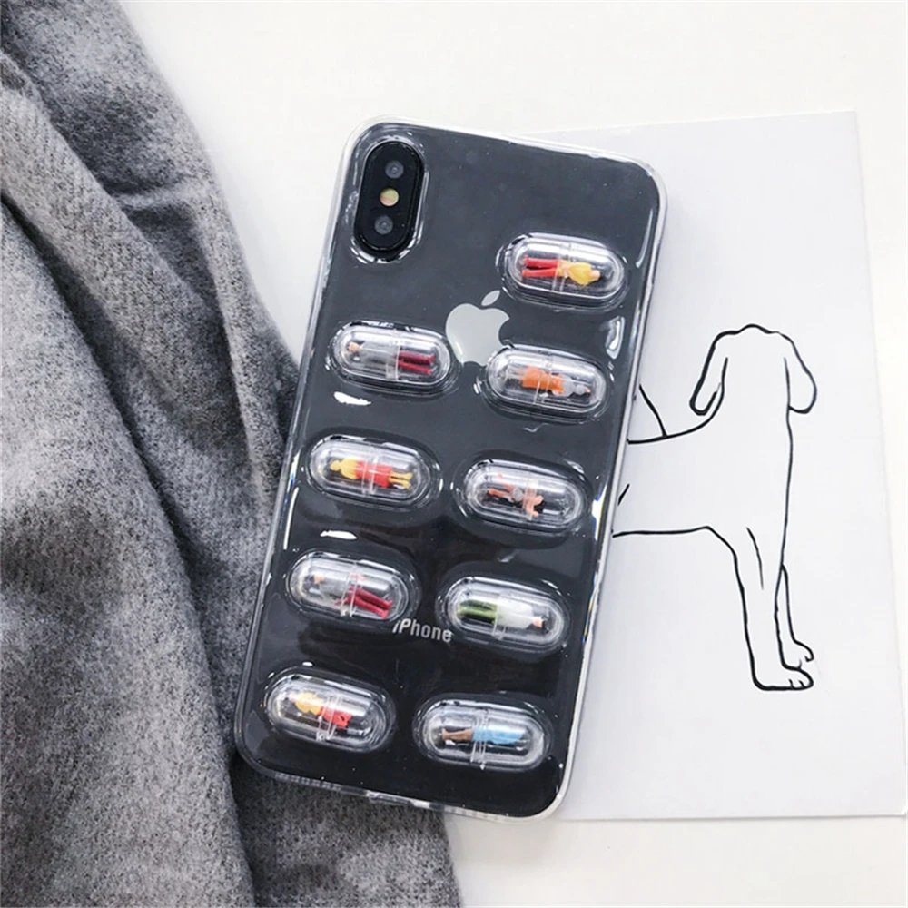Lovely 3D Pill Capsule Transparent Phone Case for iphone 7 Cartoon Character Soft Back Cover For iPhone 6 6S 8 Plus X 10 |