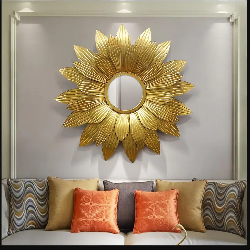 American Light Luxury Wrought Iron Gold Sun Flower Decorative Mirror Wall Hanging Pendant Aisle Background Wall Mural Crafts Art