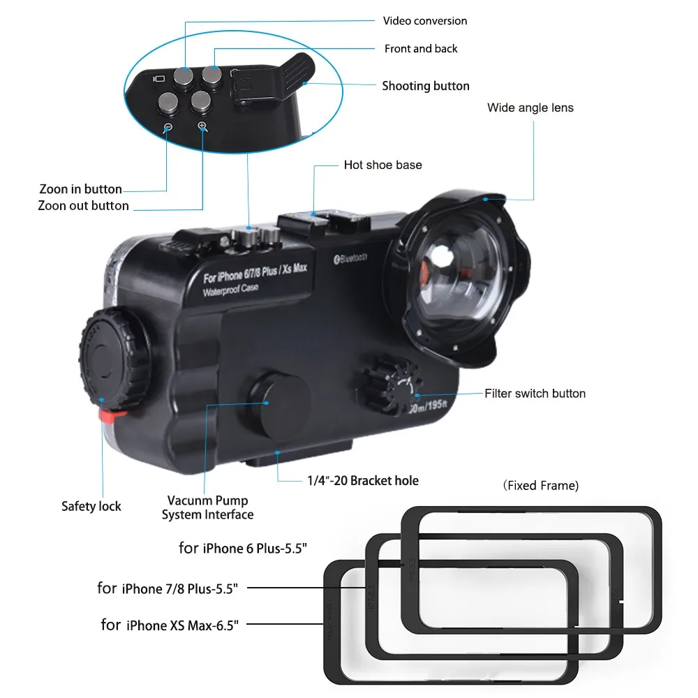 Seafrogs 60 м/195ft Bluetooth подводный Водонепроницаемый Корпус Дайвинг чехол для телефона с откидной крышкой для iPhone 6/7/8 Plus/iPhone Xs Max-черный