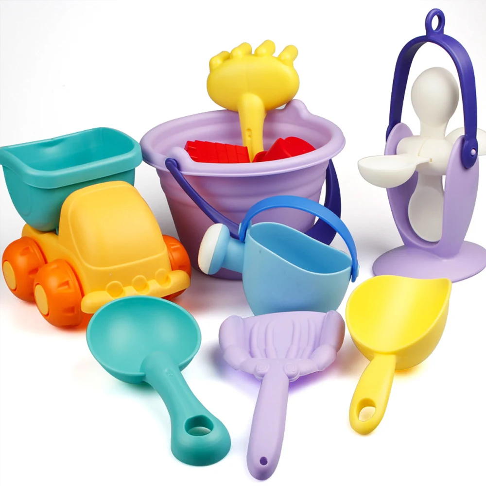 

Мягкие силиконовые игрушки для детей, 5-22 шт., летние пляжные песочные, ведро, грабли, песочные часы, водный стол, форма для игр и забавных лопа...
