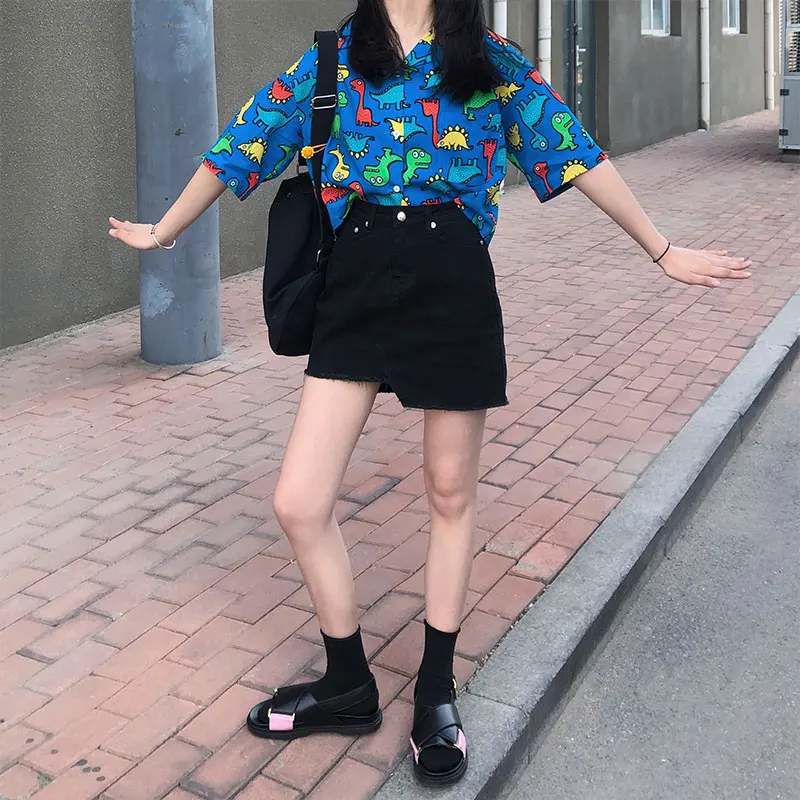 Женские рубашки Япония Kawaii Ulzzang винтажная рубашка с принтом динозавра женские
