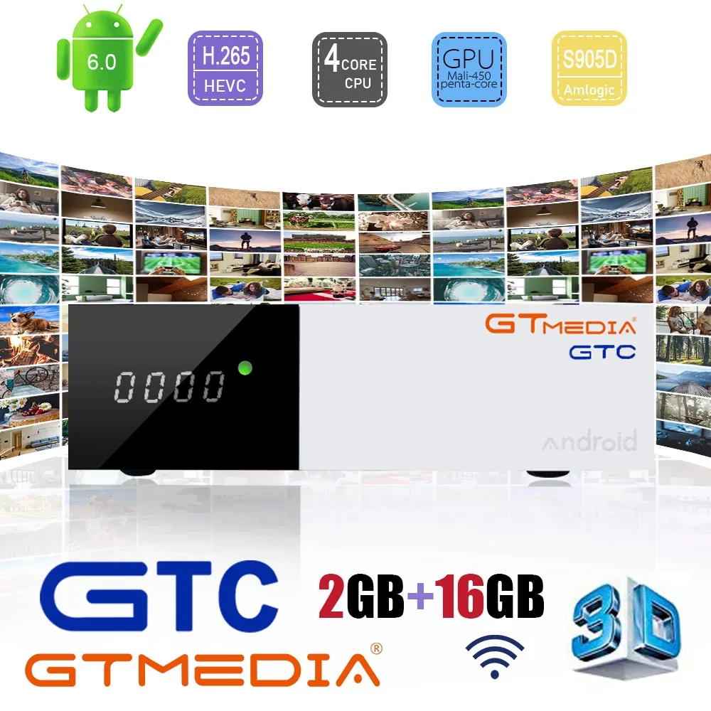 FREESAT gtmedia GTC Android 6,0 tv BOX DVB-S2/T2/Cable/ISDBT Amlogic S905D 2 Гб ram 16 Гб rom freesat+ 1 год бесплатно CCcam UK