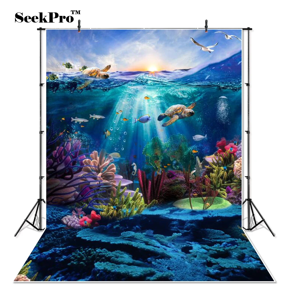 

SeekPro Under the Sea Backdrop Photography Printed Sunrise Turtles Fishes Fantasy Underwater World Party Themed Photo Background