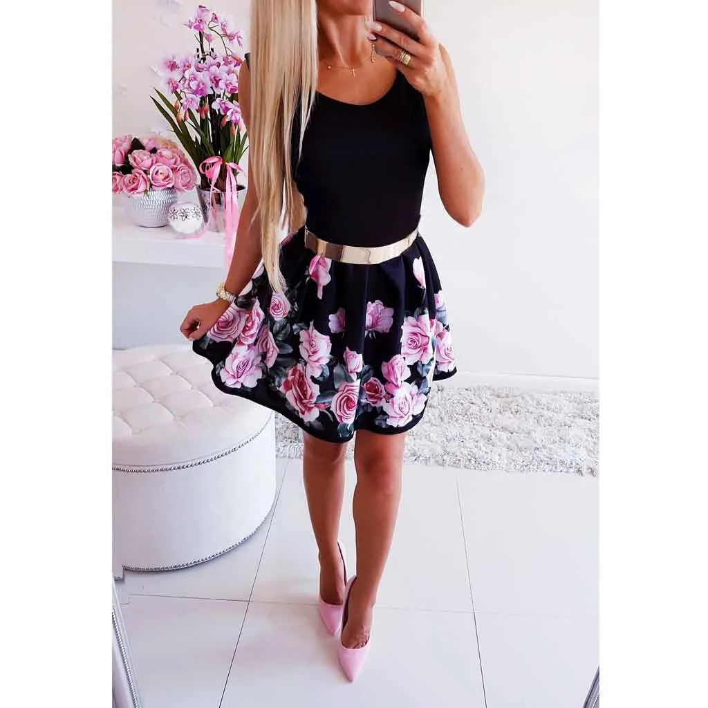 Female Fashion hot Dress casual Rose Printed Women's Summer Sexy Round Neck Waist Print vestido mujer verano | Женская одежда