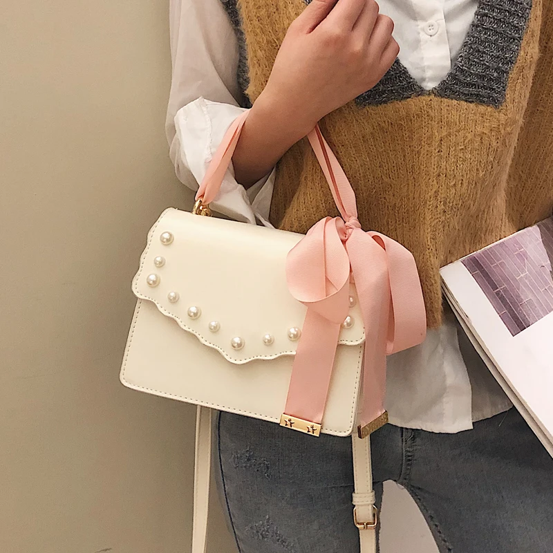 2019 Spring New Sweet Square bag High Quality PU Leather Women's Designer Handbag Ribbon Tote Bow Shoulder Messenger bags | Багаж и