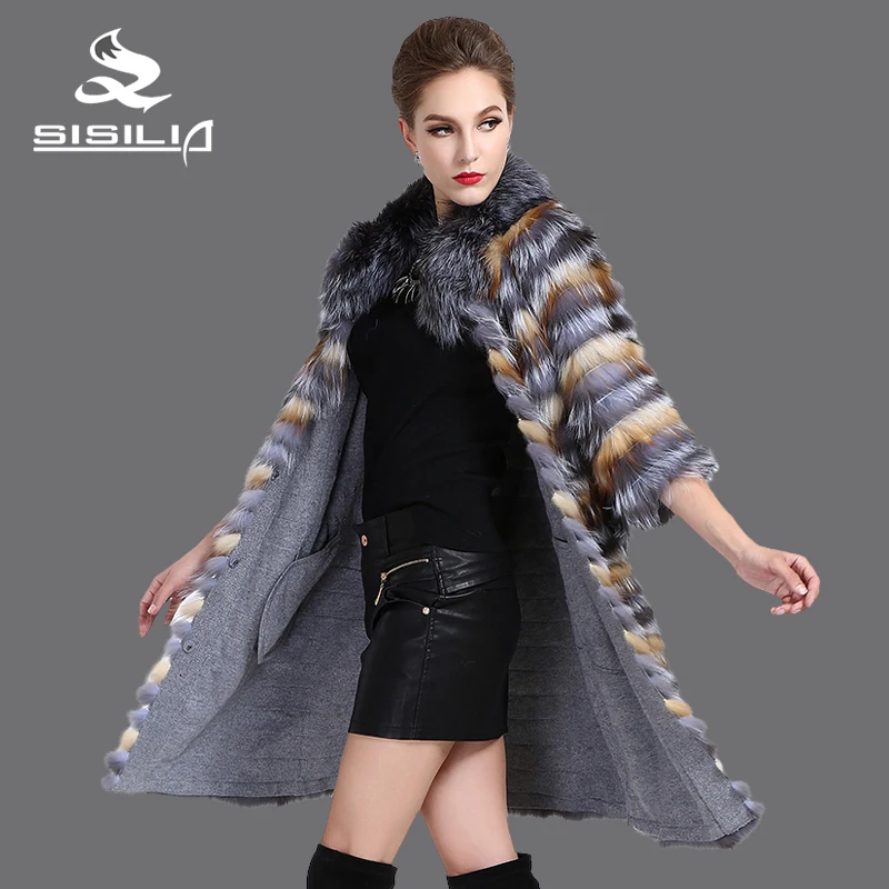 SISILIA 2016 Новый стиль женская мода silver fox пальто натуральная Кожа Цвета Silver сустава