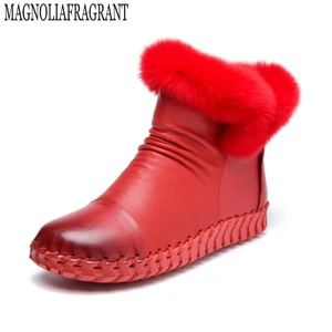 Обувь; Женские ботинки; Женская обувь на низком каблуке; Однотонная ручной работы; Натуральная кожа; Женские зимние ботинки; Круглый носок; Зимние сапоги без каблука с кроличий мех ботильоны k237