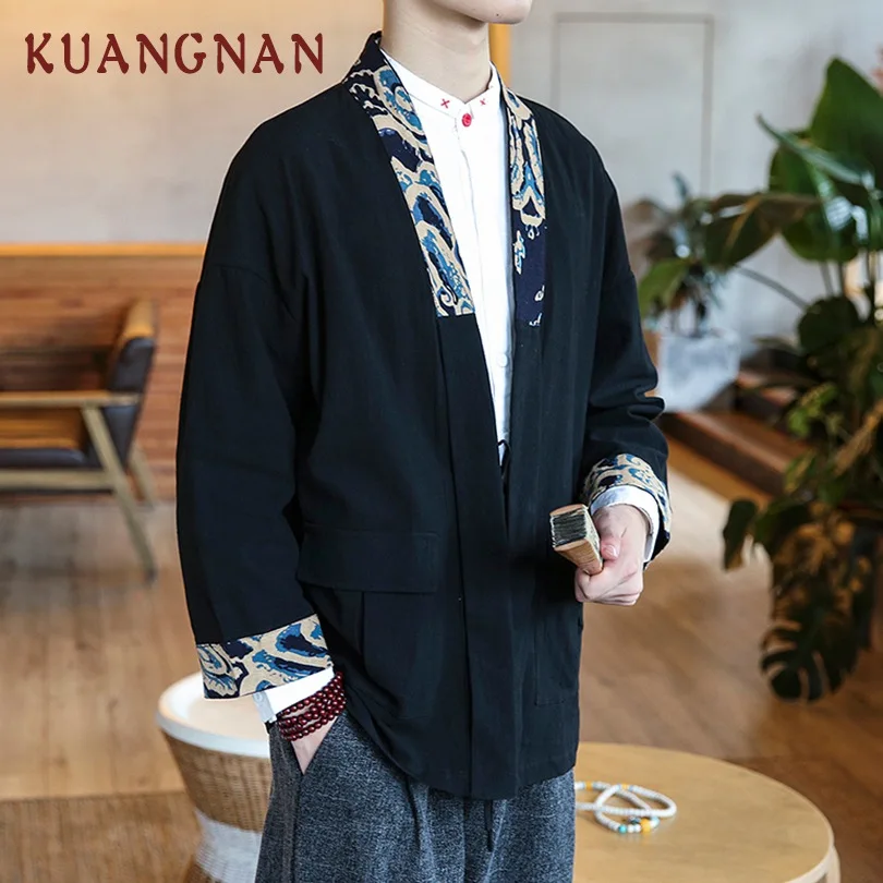 KUANGNAN китайское кимоно рубашка для мужчин три четверти черное Японская уличная