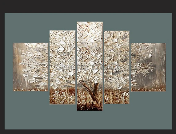 

Handmade 5 Piece Landscape Oil Paintings On Canvas Wall Art Silver Tree Pictures For Living Room Home Decor