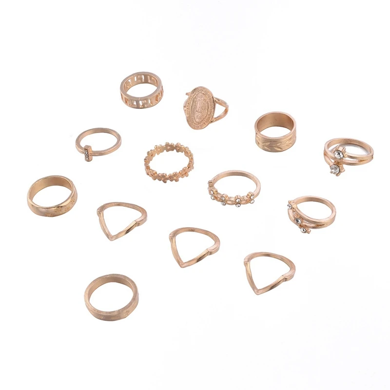 13pc/set Bohemia Virgin Mary Cross Star Flower Leaves Ring New Crystal Gold Ring Set Women Vintage Jewelry Gifts