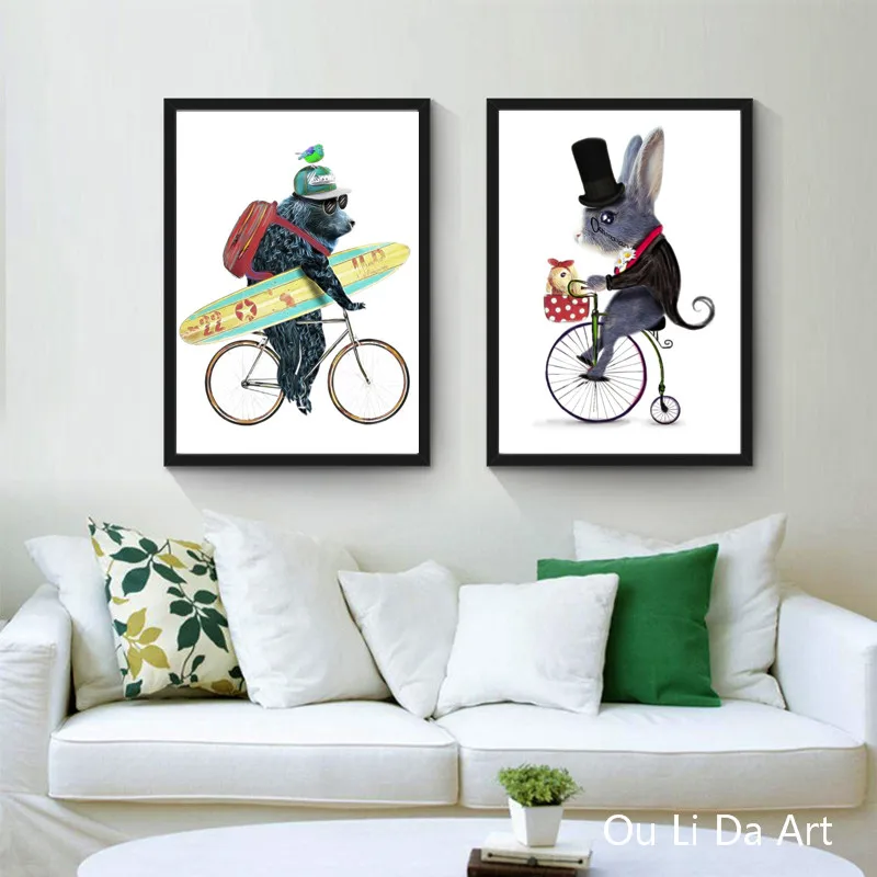 Без рамки мультфильм Животные медведь мышь ездить на велосипеде холст печать