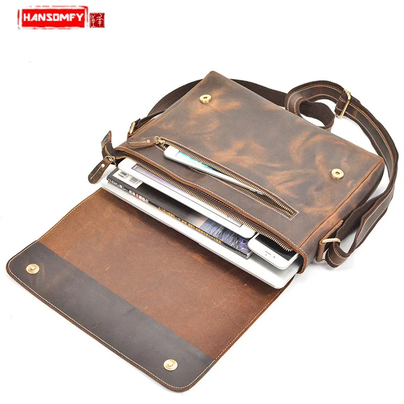 Men's Briefcase Shoulder Messenger Bag Genuine Leather Handbag Laptop Briefcases Retro Flap Buckle Business Crazy Horse Leather