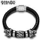 Мужские браслеты REAMOR, 17-21 см, из нержавеющей стали 316L, подвески в виде черепа, браслеты из натуральной кожи 8 мм с магнитной застежкой