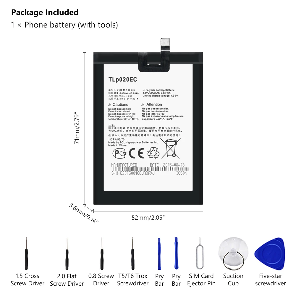 Для Alcatel One Touch Pop Up TLp020EC Батарея 2000 мА/ч Перезаряжаемые литий-ионный аккумулятор
