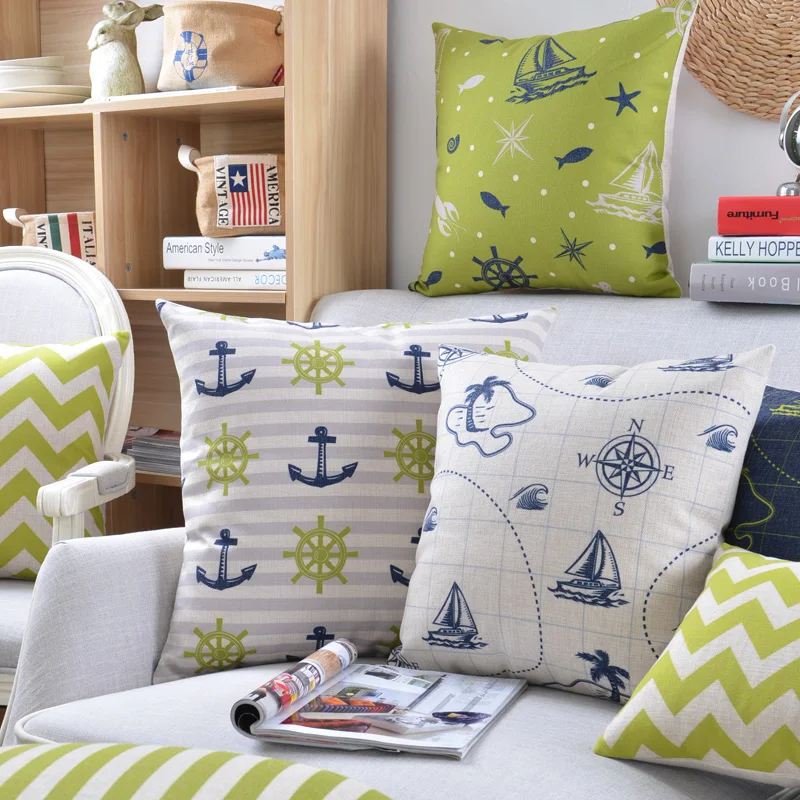 Wholesales Linen Pillow Cover Mediterranean Chervron Anchor Navy Stripe Geometric Home Decorative Case 45x45cm/30x50cm | Дом и сад