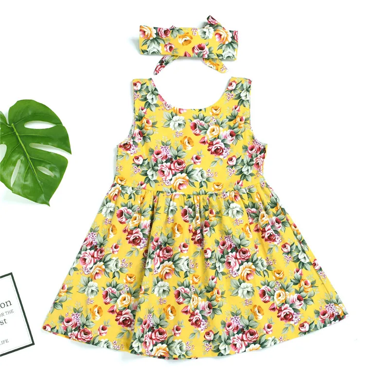 Kids Baby Girl Clothing Fruits Flowers Printed 2Pcs Sets Sweet Sleeveless Strap Button Dress A-Line Sundress Bow Headband 6M-4Y | Детская