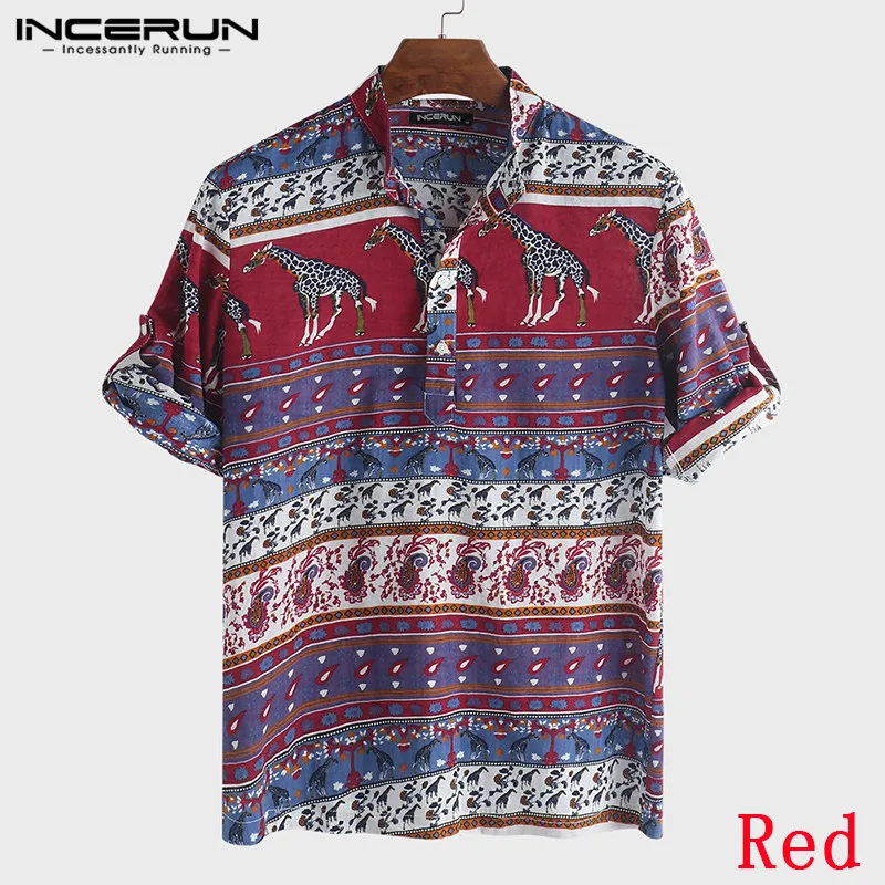 Red Shirt INCERUN, повседневная мужская рубашка с принтом, короткий рукав, стоячий воротник, Ретро стиль, этнический стиль, топы, богемные пляжные Гавайские рубашки, мужские рубашки - Цвет: Red Shirt