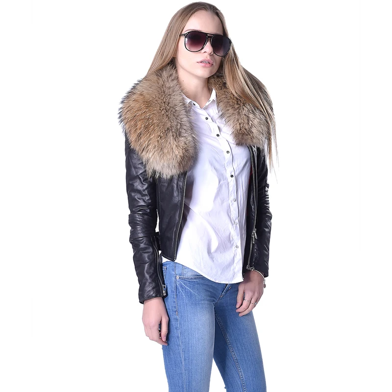 Женская куртка из натуральной овечьей кожи Maplesteed черная и красная с меховым