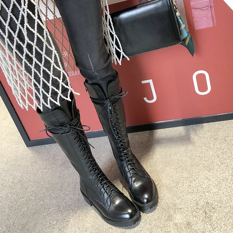 WETKISS Motorcycle Boots Women Thick Heels Boot Round Toe Croos Tied Shoes Female Cow Leather Shoes Ladies Autumn New