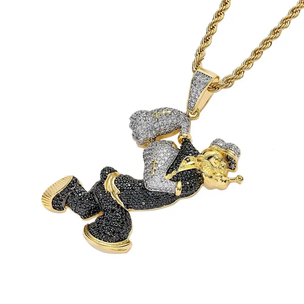 Хип хоп микро проложили Черный Белый AAA CZ камень Bling Iced Out мультфильм характер Popeye Подвески ожерелье для мужчин рэппер ювелирные изделия