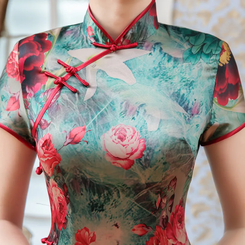 Новое поступление китайское платье женское цветочное короткий рукав Cheongsam
