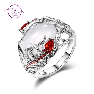Модные креативные кольца с лунным камнем и перьями для женщин винтажные обручальные кольца с красным Рубином