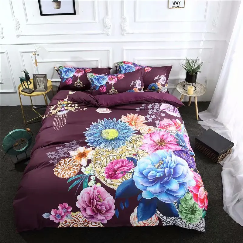 

Colorful Flowers Bedding Set Queen Size Cheap Duvet Cover Bed Sheets with Pillowcase Cheap Home Textiles