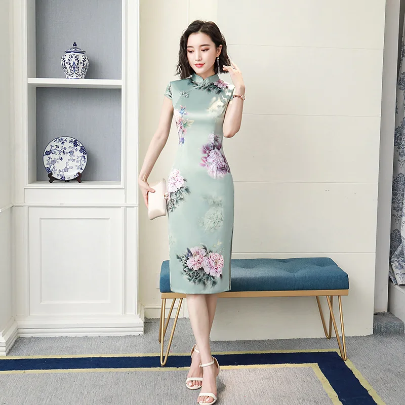 Oversize Для женщин Мини для невесты, свадебные платье Мини Короткие китайское платье-Ципао с рукавами цветок атласная печати Cheongsam Сексуальные Платья M L XL XXL 3XL