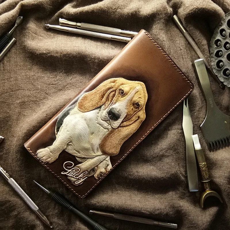

Original Handmade Ladies Lovely Pet Dog Wallets Purses Women Men Long Clutch Vegetable Tanned Leather Wallet Card Holder Gifts